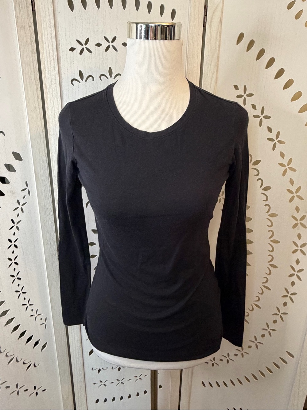 Black Long-Sleeve Cotton Blend Crewneck Top